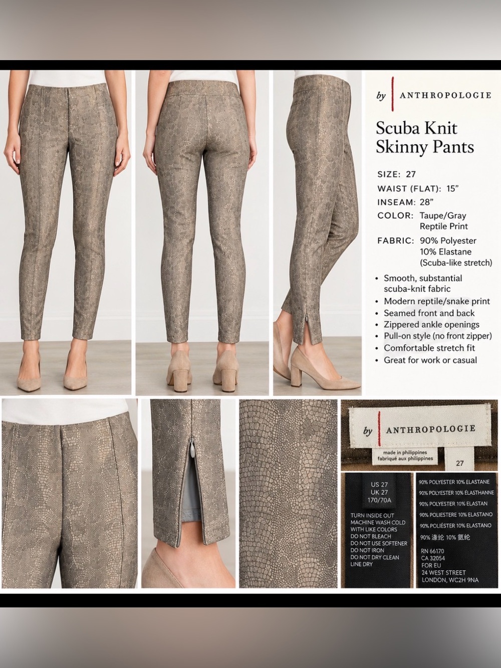 By Anthropologie Reptile Print Scuba Knit Skinny Pants Size 27 Ankle Zip